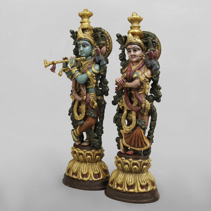 Brassaura® Radha Krishna Brass Idol Pair | Handcrafted Krishna & Radha Murti with Antique Multicolour Finish | Height 20 Inches | Weight 16.2 Kg