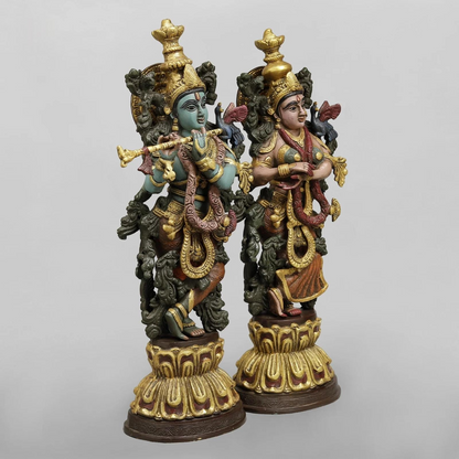 Brassaura® Radha Krishna Brass Idol Pair | Handcrafted Krishna & Radha Murti with Antique Multicolour Finish | Height 20 Inches | Weight 16.2 Kg