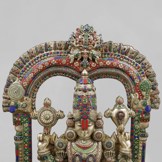 Brassaura® Tirupati Balaji Standing Idol with Multi-Color Inlay Finish | Pure Superfine Brass Handcrafted Murti | Brass Statue for Home Temple, Pooja Room | Height 55.5 Inches | Weight 80.38 Kgs