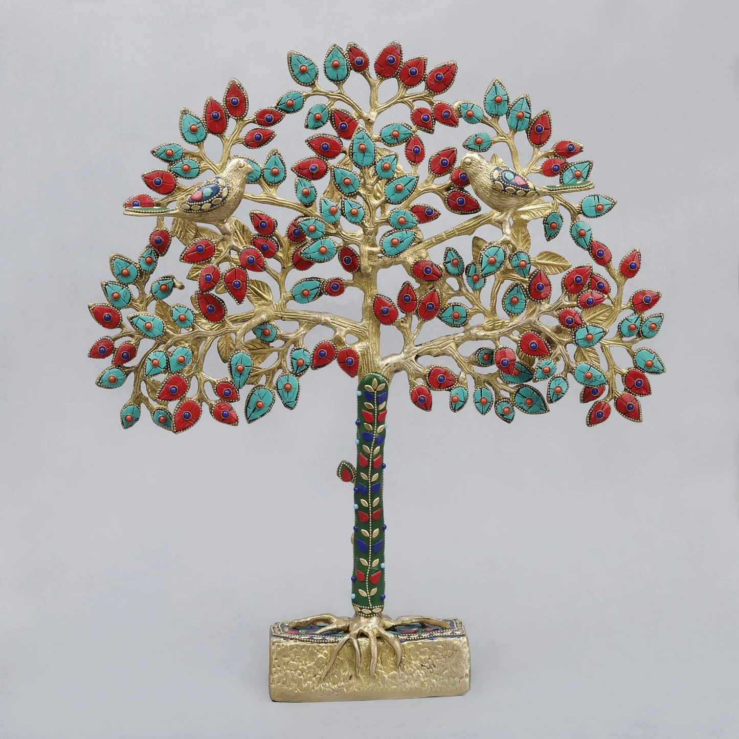 Brassaura® Decorative Tree With Birds With Multi-Color Inlay Finish | Pure Superfine Brass Handcrafted Murti | Brass Statue for Home Temple, Pooja Room | Height 19 Inches | Weight 4.72 Kgs