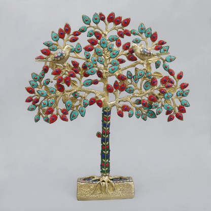Brassaura® Decorative Tree With Birds With Multi-Color Inlay Finish | Pure Superfine Brass Handcrafted Murti | Brass Statue for Home Temple, Pooja Room | Height 19 Inches | Weight 4.72 Kgs