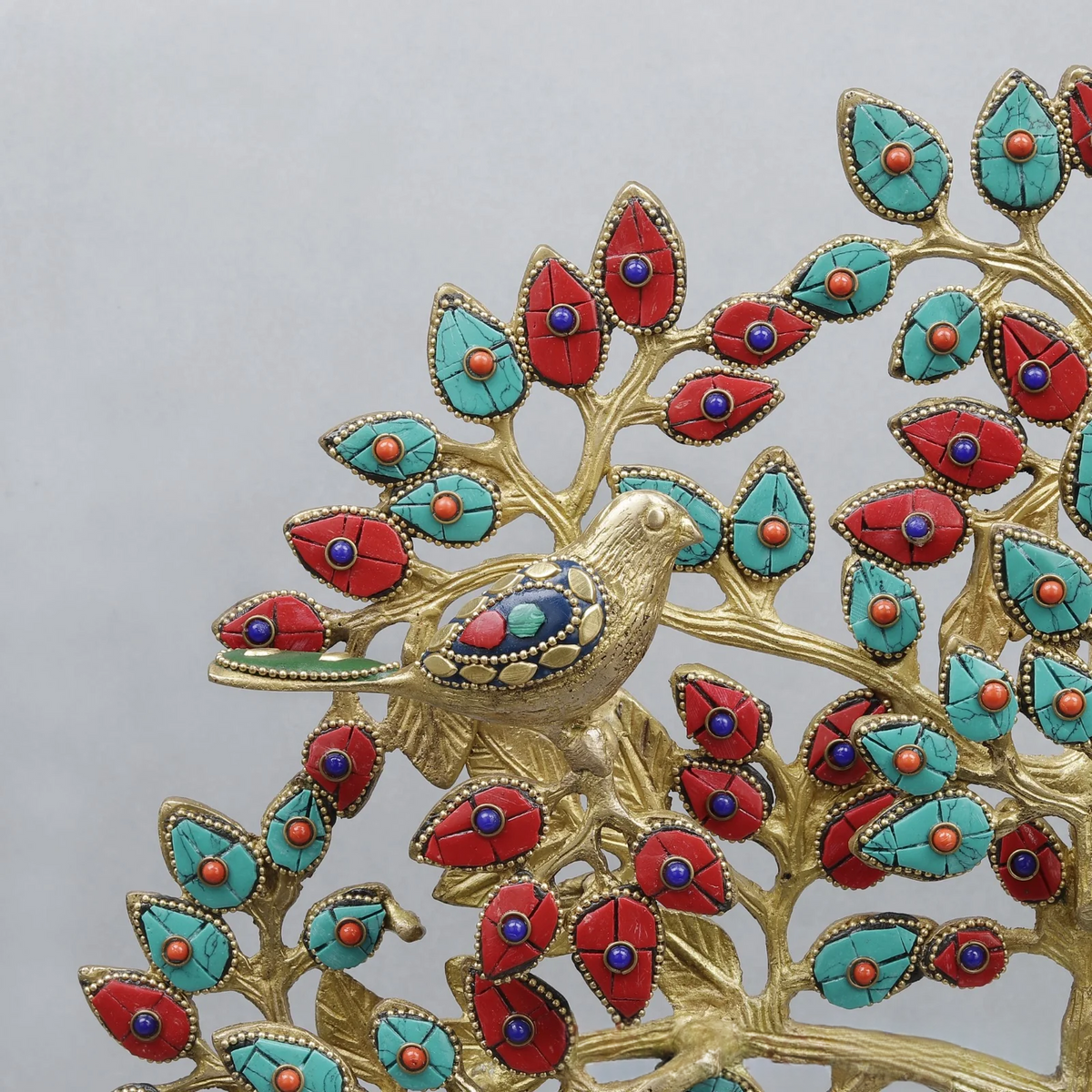 Brassaura® Decorative Tree With Birds With Multi-Color Inlay Finish | Pure Superfine Brass Handcrafted Murti | Brass Statue for Home Temple, Pooja Room | Height 19 Inches | Weight 4.72 Kgs