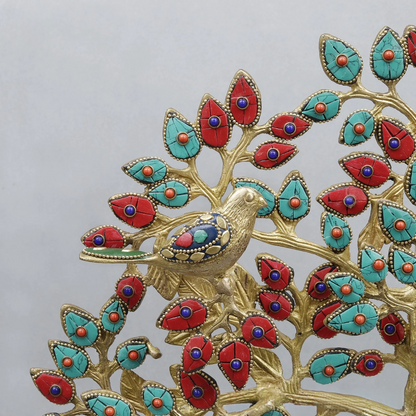 Brassaura® Decorative Tree With Birds With Multi-Color Inlay Finish | Pure Superfine Brass Handcrafted Murti | Brass Statue for Home Temple, Pooja Room | Height 19 Inches | Weight 4.72 Kgs
