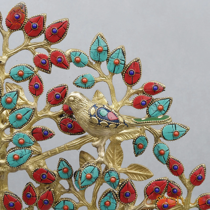 Brassaura® Decorative Tree With Birds With Multi-Color Inlay Finish | Pure Superfine Brass Handcrafted Murti | Brass Statue for Home Temple, Pooja Room | Height 19 Inches | Weight 4.72 Kgs