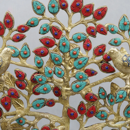 Brassaura® Decorative Tree With Birds With Multi-Color Inlay Finish | Pure Superfine Brass Handcrafted Murti | Brass Statue for Home Temple, Pooja Room | Height 19 Inches | Weight 4.72 Kgs