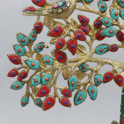 Brassaura® Decorative Tree With Birds With Multi-Color Inlay Finish | Pure Superfine Brass Handcrafted Murti | Brass Statue for Home Temple, Pooja Room | Height 19 Inches | Weight 4.72 Kgs