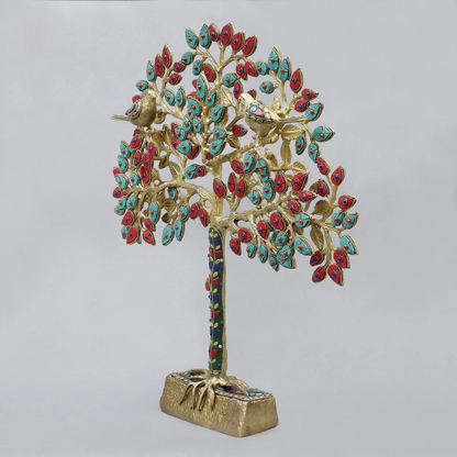 Brassaura® Decorative Tree With Birds With Multi-Color Inlay Finish | Pure Superfine Brass Handcrafted Murti | Brass Statue for Home Temple, Pooja Room | Height 19 Inches | Weight 4.72 Kgs