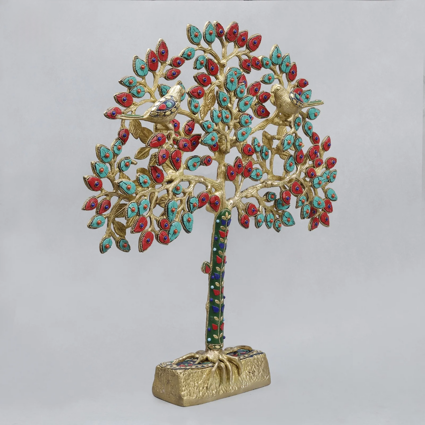Brassaura® Decorative Tree With Birds With Multi-Color Inlay Finish | Pure Superfine Brass Handcrafted Murti | Brass Statue for Home Temple, Pooja Room | Height 19 Inches | Weight 4.72 Kgs