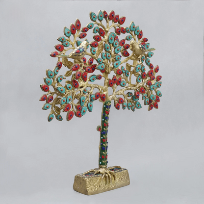 Brassaura® Decorative Tree With Birds With Multi-Color Inlay Finish | Pure Superfine Brass Handcrafted Murti | Brass Statue for Home Temple, Pooja Room | Height 19 Inches | Weight 4.72 Kgs