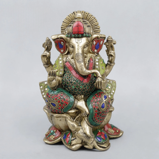 Brassaura® Lord Ganesha Seated on Lotus Idol with Stonework Finish | Pure Superfine Brass Handcrafted Murti | Brass Statue for Home Temple, Pooja Room | Height 10 Inches | Weight 4.14 Kgs