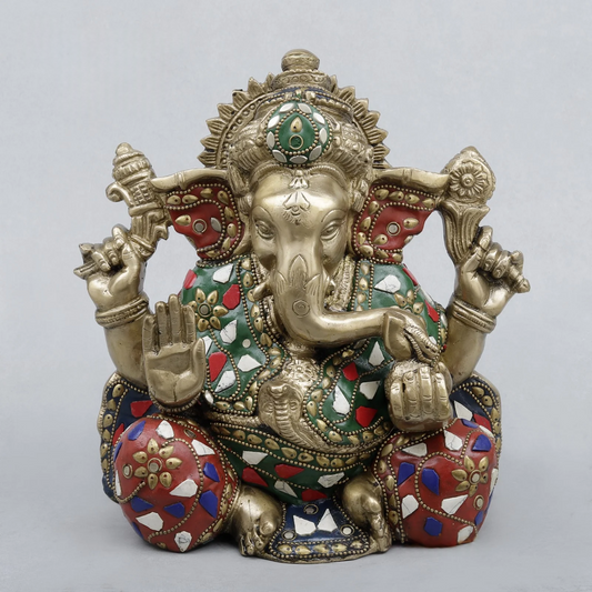 Brassaura® Lord Ganesha Seated Idol with Fine Stonework Finish | Pure Superfine Brass Handcrafted Murti | Brass Statue for Home Temple, Pooja Room | Height 8.5 Inches | Weight 5.2 Kgs
