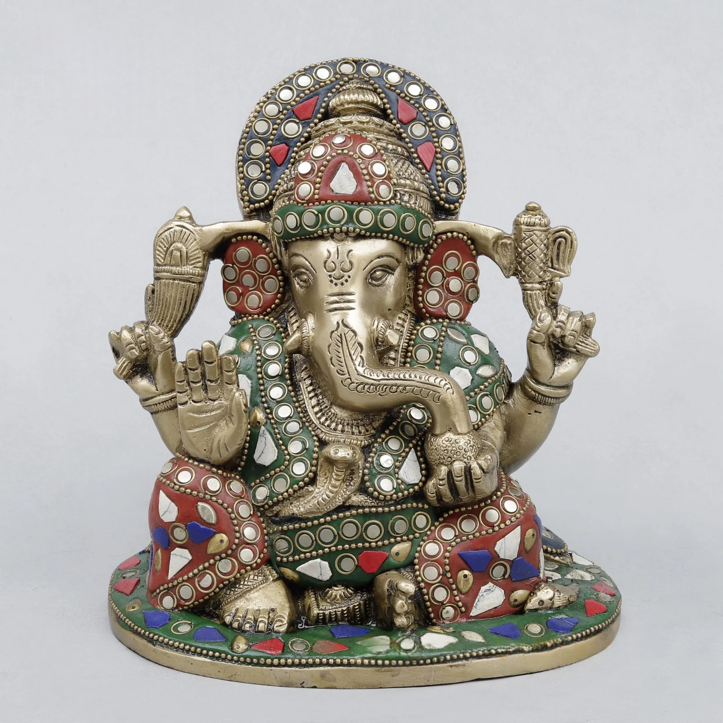 Brassaura® Ganesha Seated Idol with Fine Stonework Finish | Pure Superfine Brass Handcrafted Murti | Brass Statue for Home Temple, Pooja Room | Height 6.5 Inches | Weight 2.9 Kgs