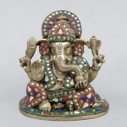 Brassaura® Ganesha Seated Idol with Fine Stonework Finish | Pure Superfine Brass Handcrafted Murti | Brass Statue for Home Temple, Pooja Room | Height 6.5 Inches | Weight 2.9 Kgs