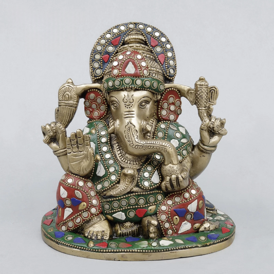Brassaura® Ganesha Seated Idol with Fine Stonework Finish | Pure Superfine Brass Handcrafted Murti | Brass Statue for Home Temple, Pooja Room | Height 6.5 Inches | Weight 2.9 Kgs