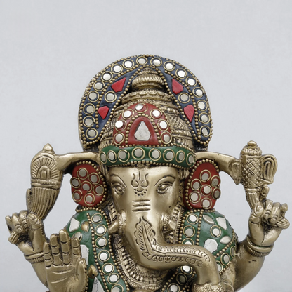 Brassaura® Ganesha Seated Idol with Fine Stonework Finish | Pure Superfine Brass Handcrafted Murti | Brass Statue for Home Temple, Pooja Room | Height 6.5 Inches | Weight 2.9 Kgs