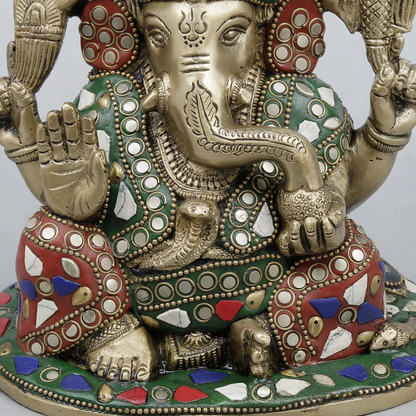 Brassaura® Ganesha Seated Idol with Fine Stonework Finish | Pure Superfine Brass Handcrafted Murti | Brass Statue for Home Temple, Pooja Room | Height 6.5 Inches | Weight 2.9 Kgs