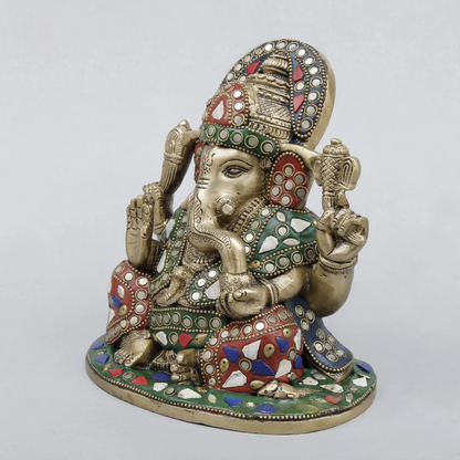 Brassaura® Ganesha Seated Idol with Fine Stonework Finish | Pure Superfine Brass Handcrafted Murti | Brass Statue for Home Temple, Pooja Room | Height 6.5 Inches | Weight 2.9 Kgs