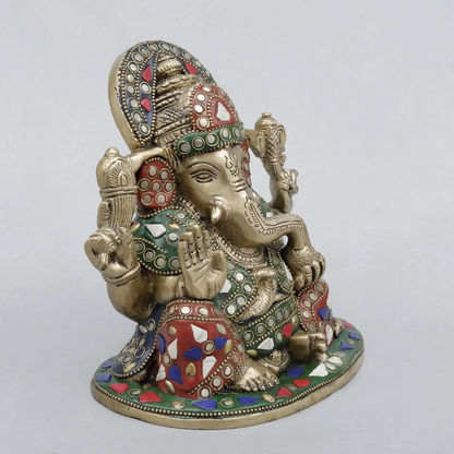 Brassaura® Ganesha Seated Idol with Fine Stonework Finish | Pure Superfine Brass Handcrafted Murti | Brass Statue for Home Temple, Pooja Room | Height 6.5 Inches | Weight 2.9 Kgs