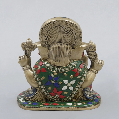 Brassaura® Ganesha Seated Idol with Fine Stonework Finish | Pure Superfine Brass Handcrafted Murti | Brass Statue for Home Temple, Pooja Room | Height 6.5 Inches | Weight 2.9 Kgs