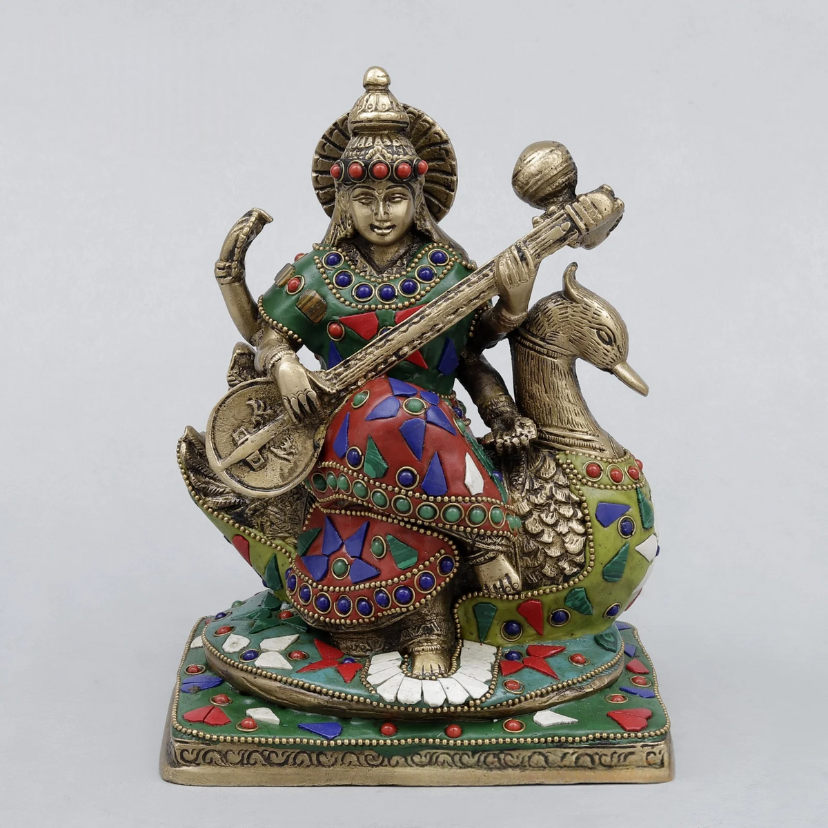 Brassaura® Saraswati Playing Veena Idol with Multi-Color Finish | Pure Superfine Brass Handcrafted Murti | Brass Statue for Home Temple, Pooja Room | Height 7.5 Inches | Weight 2.82 Kgs