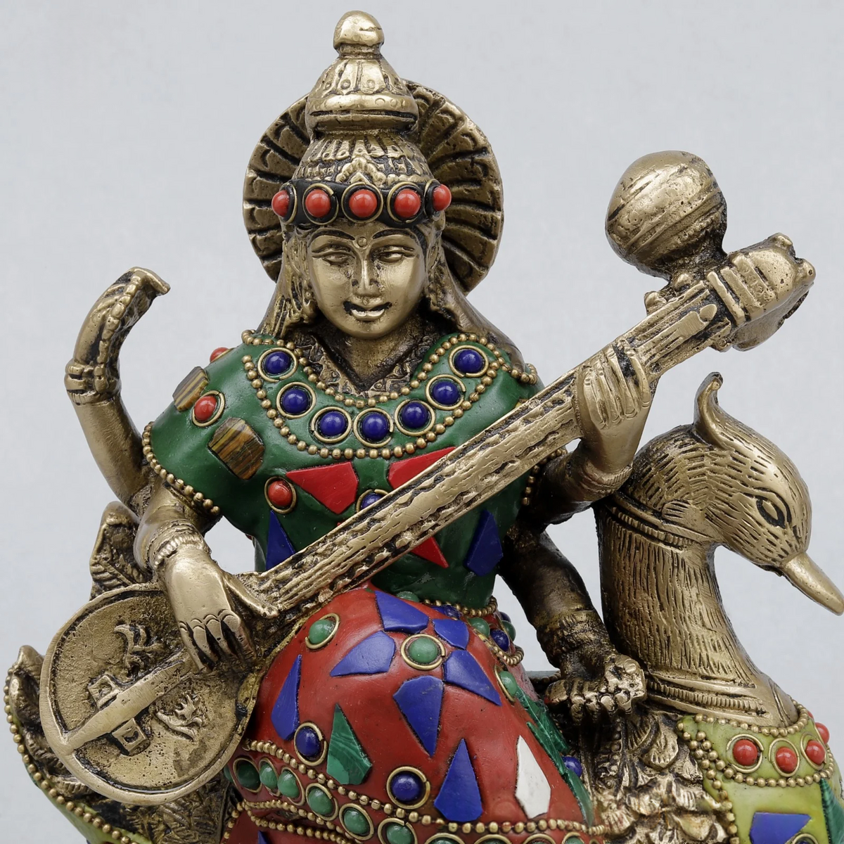 Brassaura® Saraswati Playing Veena Idol with Multi-Color Finish | Pure Superfine Brass Handcrafted Murti | Brass Statue for Home Temple, Pooja Room | Height 7.5 Inches | Weight 2.82 Kgs