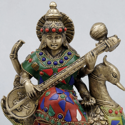 Brassaura® Saraswati Playing Veena Idol with Multi-Color Finish | Pure Superfine Brass Handcrafted Murti | Brass Statue for Home Temple, Pooja Room | Height 7.5 Inches | Weight 2.82 Kgs