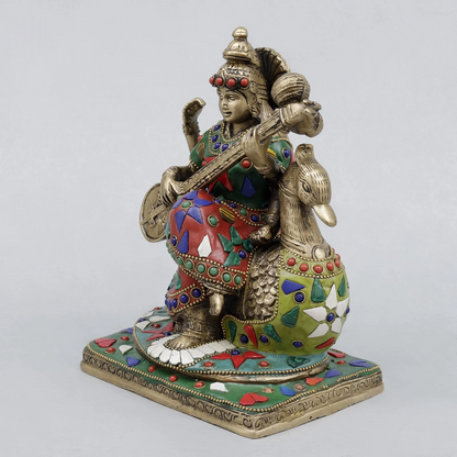 Brassaura® Saraswati Playing Veena Idol with Multi-Color Finish | Pure Superfine Brass Handcrafted Murti | Brass Statue for Home Temple, Pooja Room | Height 7.5 Inches | Weight 2.82 Kgs