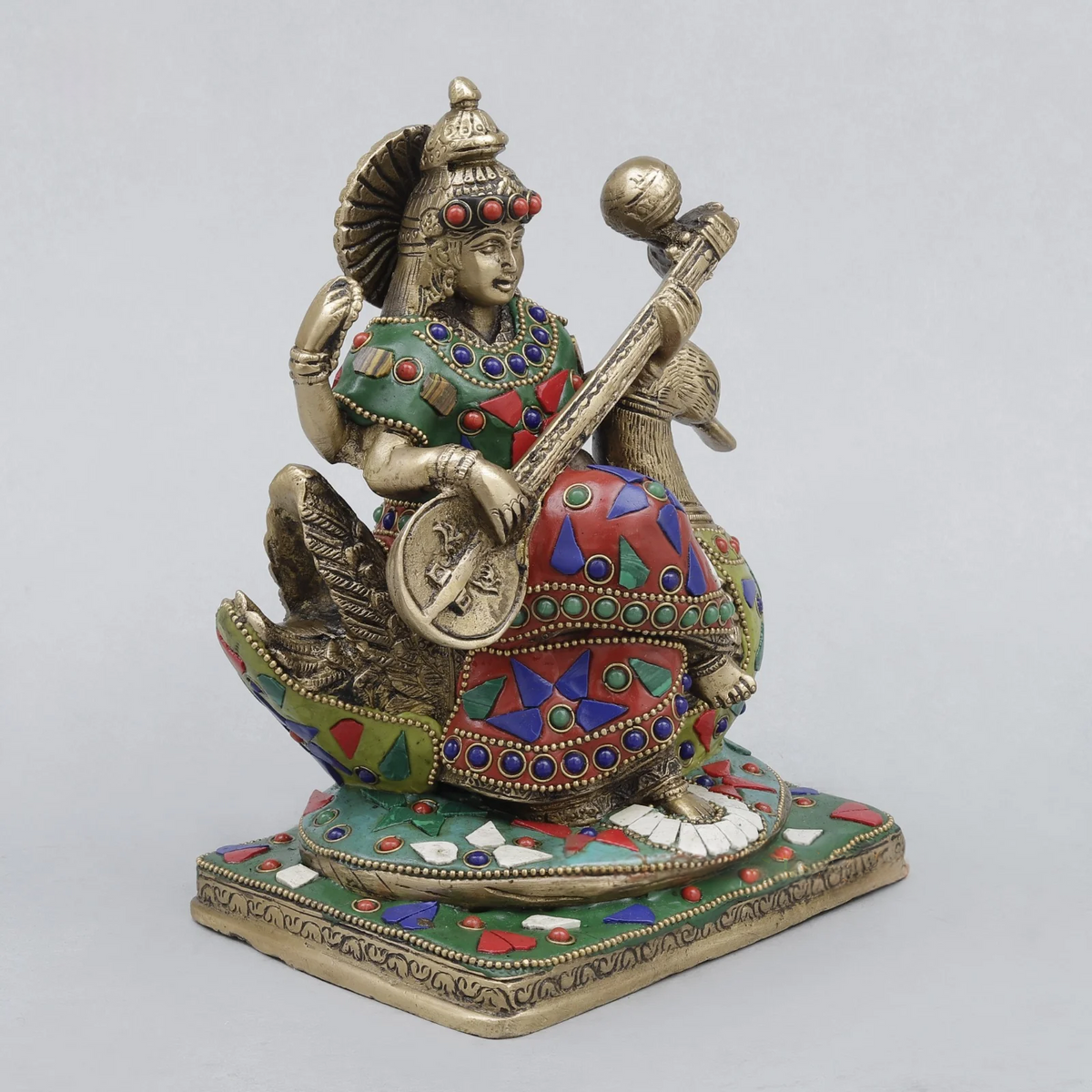Brassaura® Saraswati Playing Veena Idol with Multi-Color Finish | Pure Superfine Brass Handcrafted Murti | Brass Statue for Home Temple, Pooja Room | Height 7.5 Inches | Weight 2.82 Kgs
