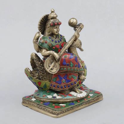 Brassaura® Saraswati Playing Veena Idol with Multi-Color Finish | Pure Superfine Brass Handcrafted Murti | Brass Statue for Home Temple, Pooja Room | Height 7.5 Inches | Weight 2.82 Kgs