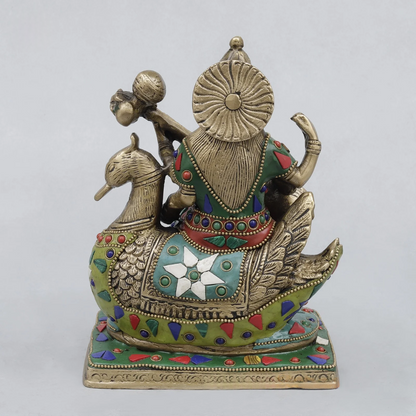 Brassaura® Saraswati Playing Veena Idol with Multi-Color Finish | Pure Superfine Brass Handcrafted Murti | Brass Statue for Home Temple, Pooja Room | Height 7.5 Inches | Weight 2.82 Kgs
