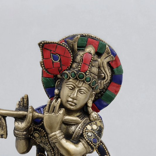 Brassaura® Krishna Playing Flute with Cow Idol with Multicolor Stone Work Finish | Pure Superfine Brass Handcrafted Murti | Brass Statue for Home Temple, Pooja Room | Height 10 Inches | Weight 2.68 Kgs