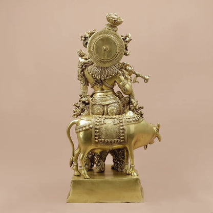 ब्रासोरा® वृंदावन वेणुगोपाल कृष्ण पीतल की प्रतिमा मोर के साथ | एंटीक नीला और सुनहरा रंग | ऊँचाई 20 इंच