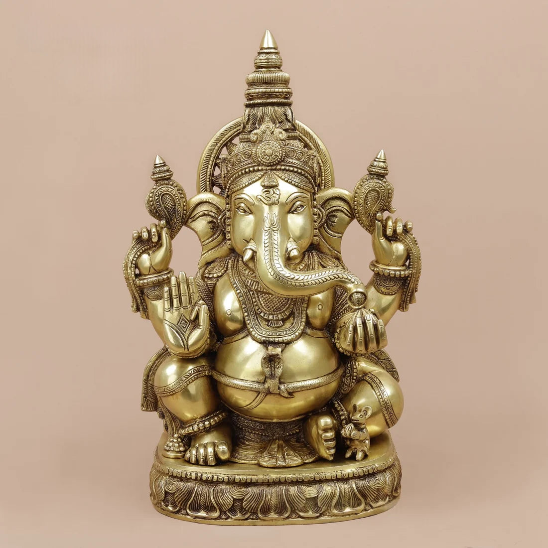Brassaura® Ganesha Seated Blessing Idol with Antique Golden Finish | Pure Superfine Brass Handcrafted Murti | Brass Statue for Home Temple, Pooja Room | Height 20 Inches | Weight 24 Kgs