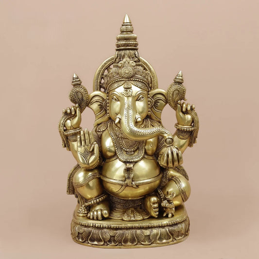 Brassaura® Ganesha Seated Blessing Idol with Antique Golden Finish | Pure Superfine Brass Handcrafted Murti | Brass Statue for Home Temple, Pooja Room | Height 20 Inches | Weight 24 Kgs