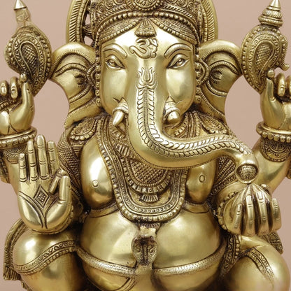 Brassaura® Ganesha Seated Blessing Idol with Antique Golden Finish | Pure Superfine Brass Handcrafted Murti | Brass Statue for Home Temple, Pooja Room | Height 20 Inches | Weight 24 Kgs