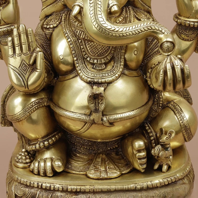 Brassaura® Ganesha Seated Blessing Idol with Antique Golden Finish | Pure Superfine Brass Handcrafted Murti | Brass Statue for Home Temple, Pooja Room | Height 20 Inches | Weight 24 Kgs