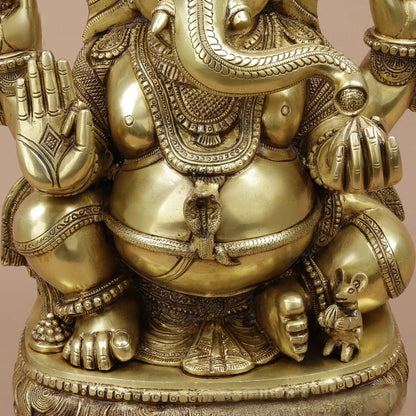 Brassaura® Ganesha Seated Blessing Idol with Antique Golden Finish | Pure Superfine Brass Handcrafted Murti | Brass Statue for Home Temple, Pooja Room | Height 20 Inches | Weight 24 Kgs