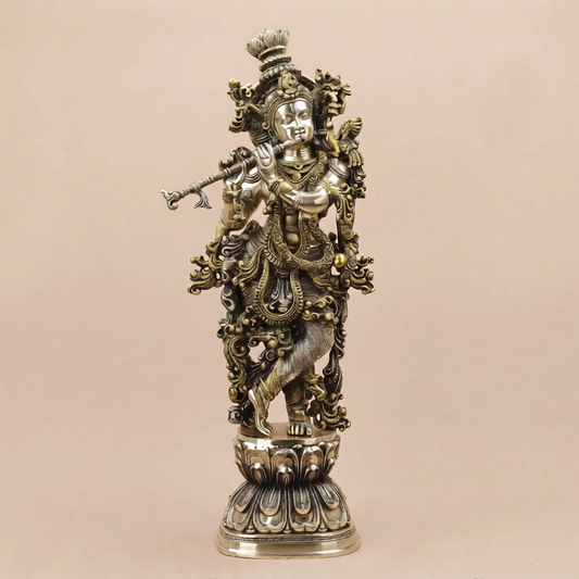 Brassaura® Krishna Standing Flute Playing Idol with Antique Brass Finish | Pure Superfine Brass Handcrafted Murti | Brass Statue for Home Temple, Pooja Room | Height 30 Inches | Weight 20.64 Kgs