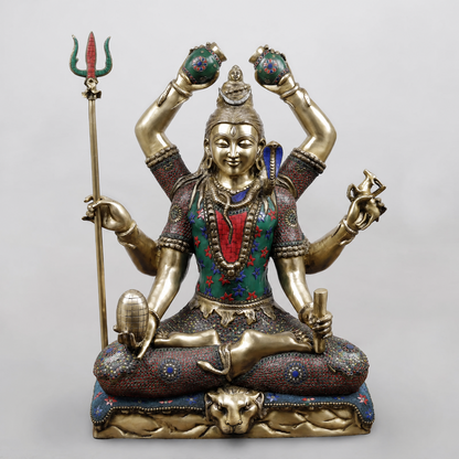 Brassaura® Lord Shiva Seated Meditation Idol with Multi-Color Meenakari Finish | Pure Superfine Brass Handcrafted Murti | Brass Statue for Home Temple, Pooja Room | Height 32 Inches | Weight 27.88 Kgs