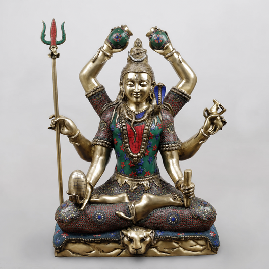 Brassaura® Lord Shiva Seated Meditation Idol with Multi-Color Meenakari Finish | Pure Superfine Brass Handcrafted Murti | Brass Statue for Home Temple, Pooja Room | Height 32 Inches | Weight 27.88 Kgs