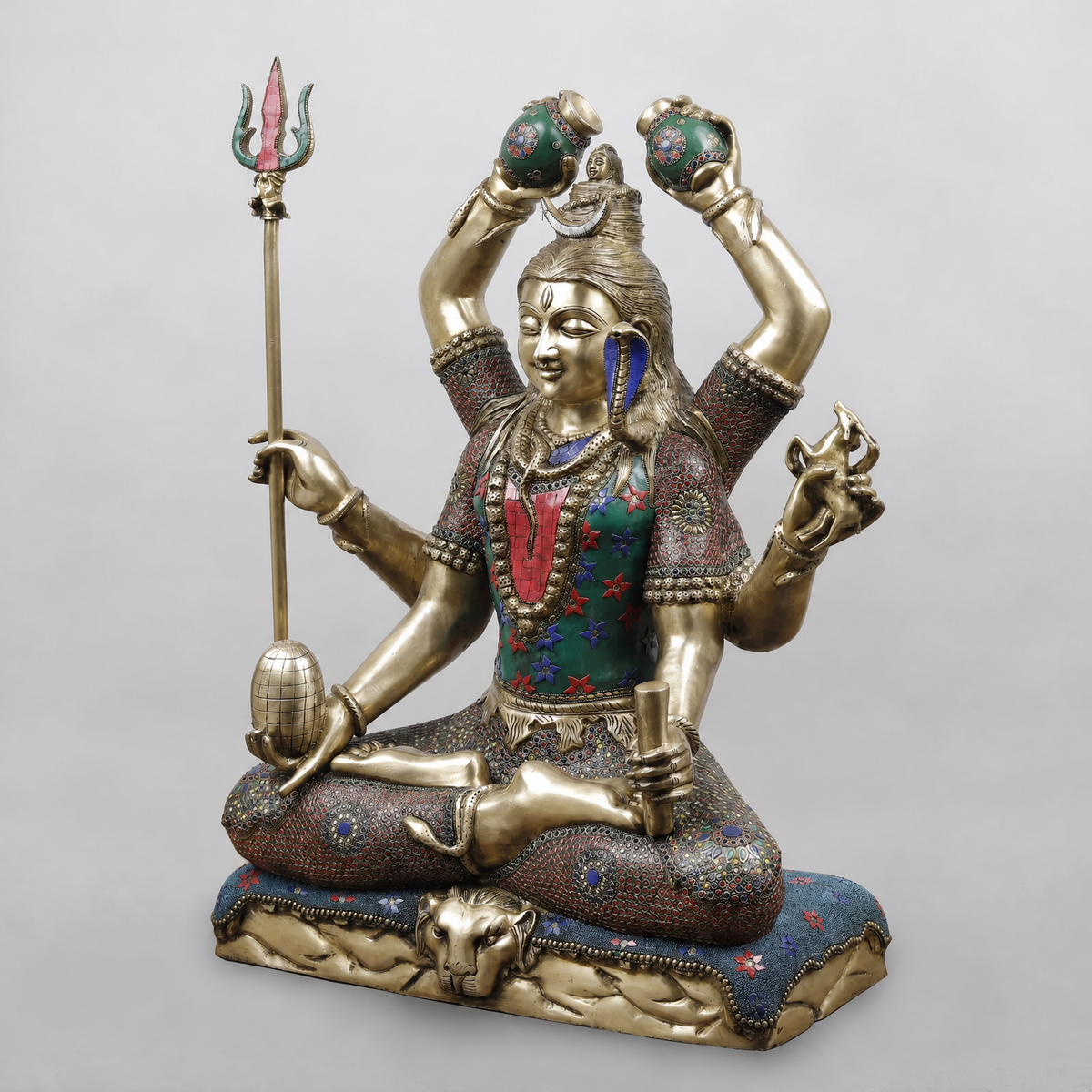 Brassaura® Lord Shiva Seated Meditation Idol with Multi-Color Meenakari Finish | Pure Superfine Brass Handcrafted Murti | Brass Statue for Home Temple, Pooja Room | Height 32 Inches | Weight 27.88 Kgs