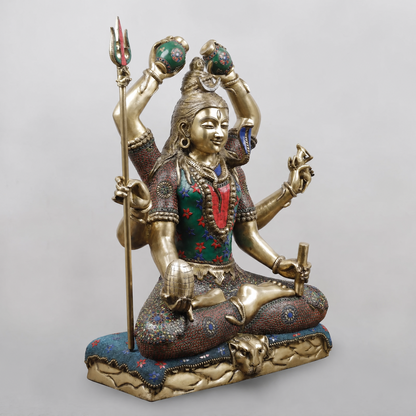 Brassaura® Lord Shiva Seated Meditation Idol with Multi-Color Meenakari Finish | Pure Superfine Brass Handcrafted Murti | Brass Statue for Home Temple, Pooja Room | Height 32 Inches | Weight 27.88 Kgs