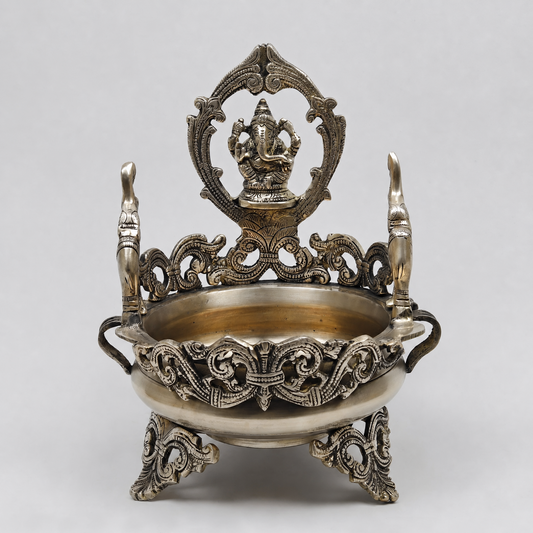 Brassaura® Ganesha Urli with Decorative Backrest and Antique Finish | Pure Superfine Brass Handcrafted Murti | Brass Statue for Home Temple, Pooja Room | Height 11 Inches | Weight 3.44 Kgs