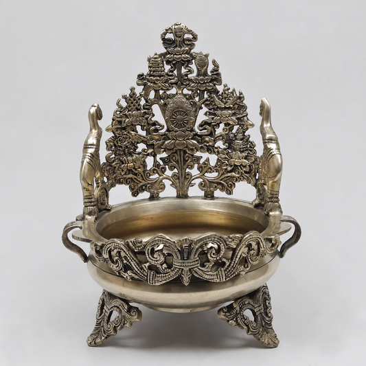 Brassaura® Ornate Brass Urli Bowl with Decorative Backrest with Antique Finish | Pure Superfine Brass Handcrafted Murti | Brass Statue for Home Temple, Pooja Room | Height 12 Inches | Weight 3.3 Kgs