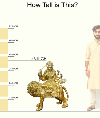 Brassaura® Brass Durga Riding Lion Statue | Height 43 Inches