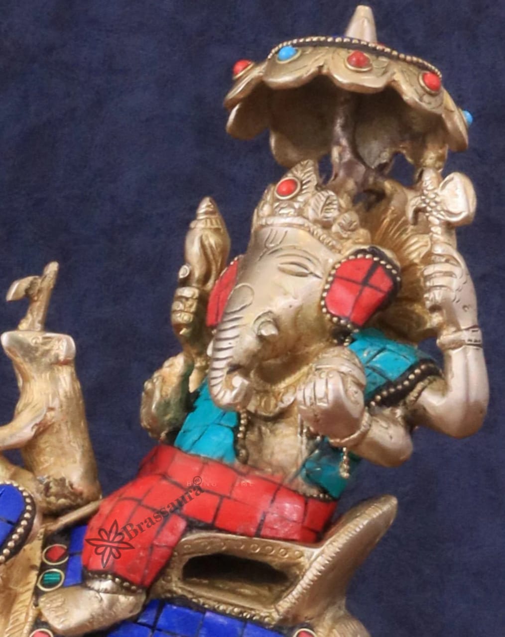 Handcrafted Brass Ganesha on Ambari with Meenakari Stonework – Height 9.5 Inches, Weight 3 Kgs