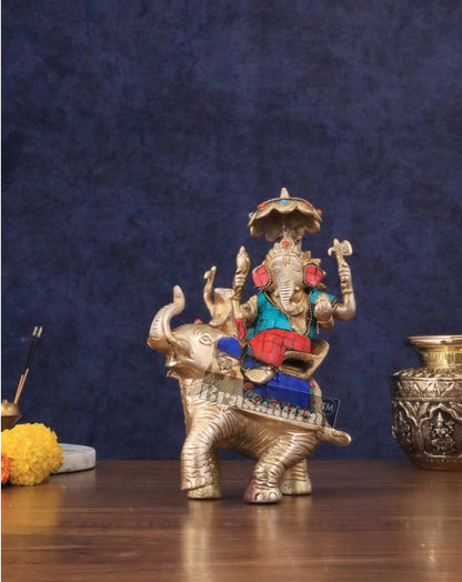 Handcrafted Brass Ganesha on Ambari with Meenakari Stonework – Height 9.5 Inches, Weight 3 Kgs