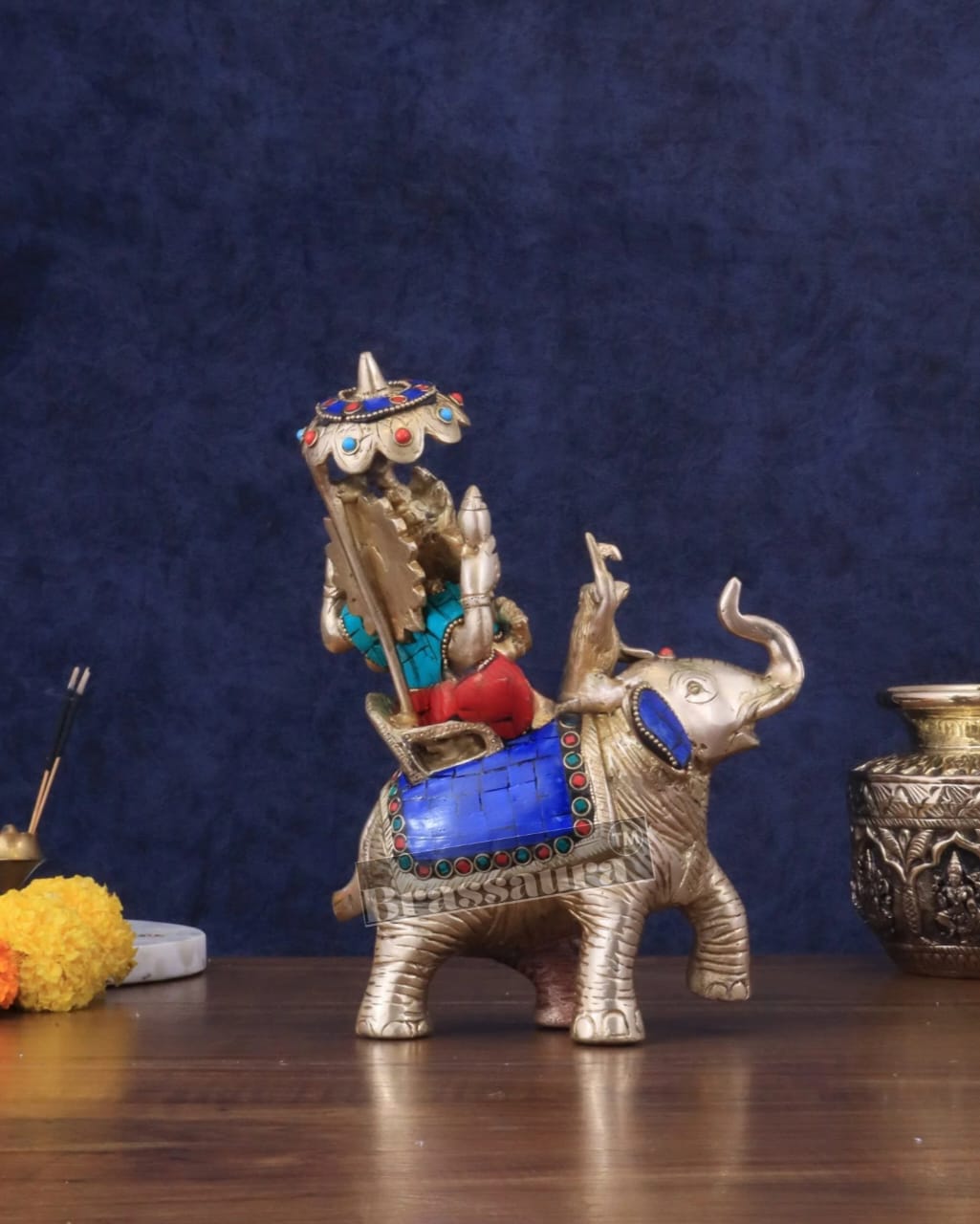 Handcrafted Brass Ganesha on Ambari with Meenakari Stonework – Height 9.5 Inches, Weight 3 Kgs