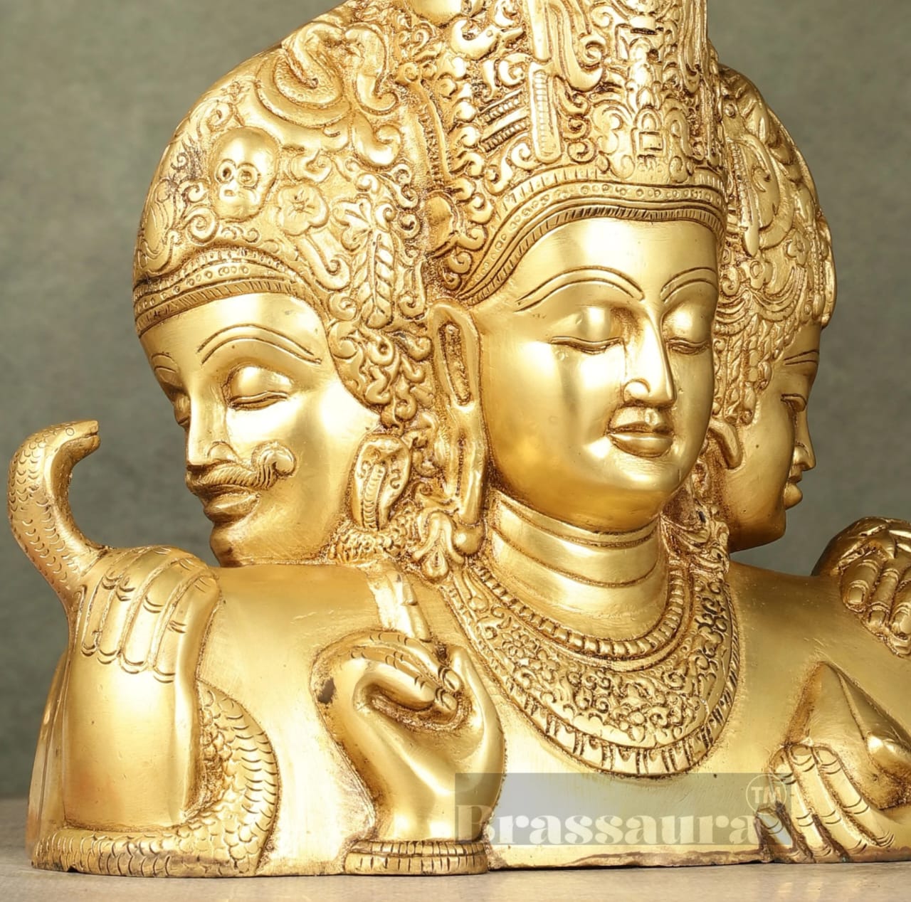 Brassaura™ Brass Superfine Trimurti Bust Statue – Brahma, Vishnu & Mahesh | 9.5 Inch, 4.6 Kgs