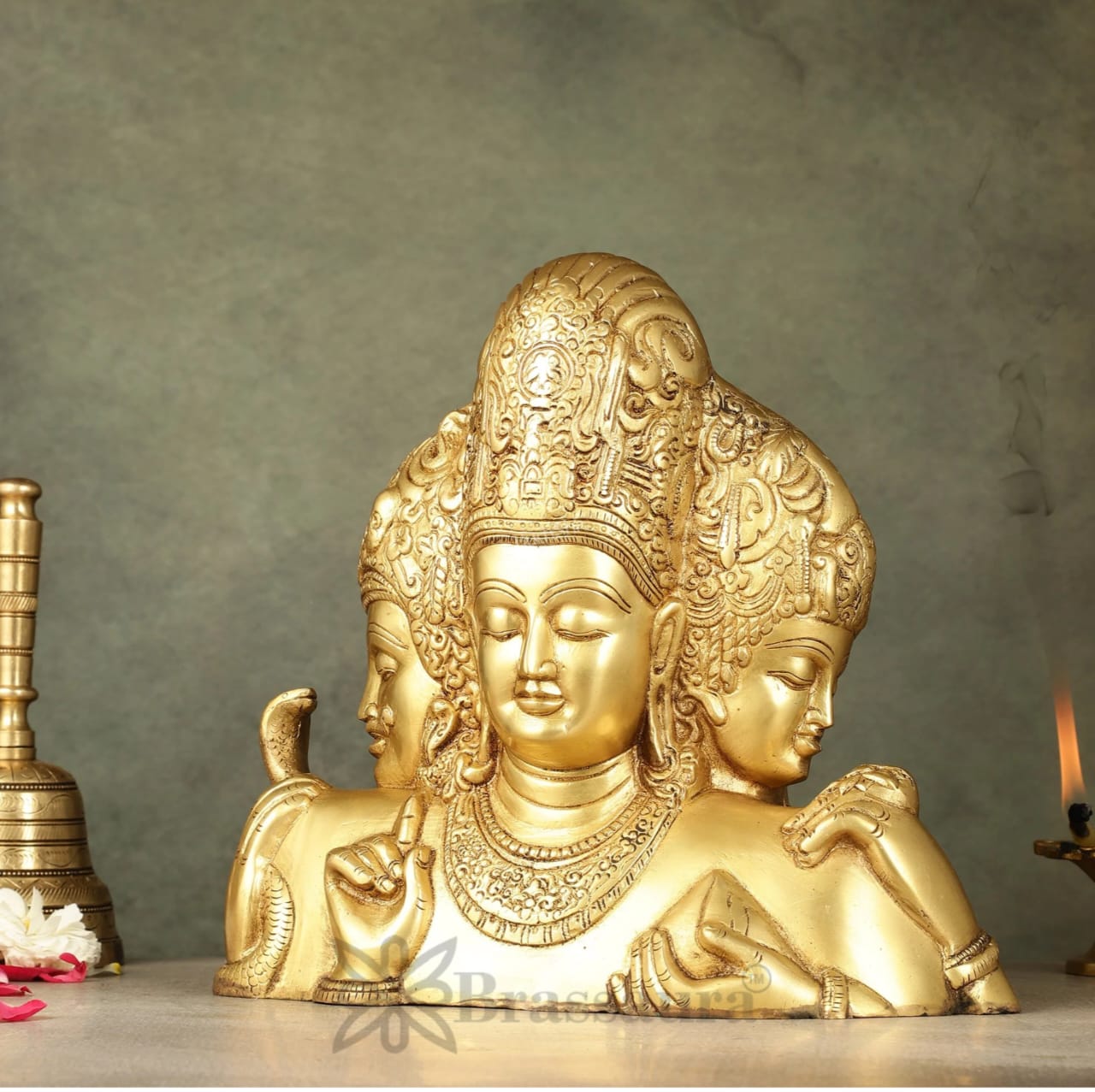 Brassaura™ Brass Superfine Trimurti Bust Statue – Brahma, Vishnu & Mahesh | 9.5 Inch, 4.6 Kgs